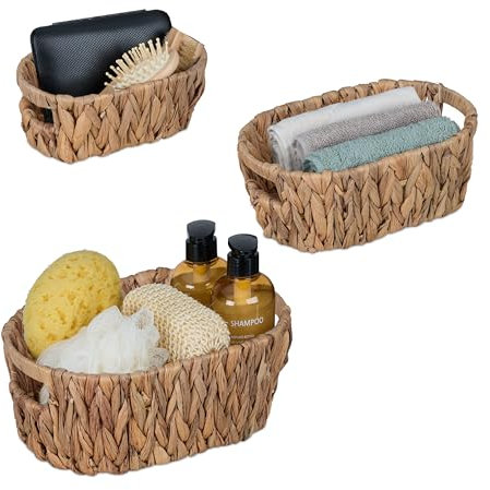 Relaxdays Aufbewahrungskorb 3er Set, aus Wasserhyazinthe, für Bad, Wohn- & Schlafzimmer, Organizer, Flechtkorb, natur