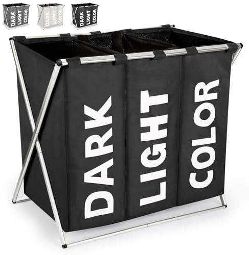 Virklyee Cesto para Colada con 3 Sacos Compartimentos Separador Canasta Plegable 100L Cesto para Ropa Collapsable Multifunción Cesto de la Ropa con Asas Tela Oxford 600D para Guardar Ropa(Negro)