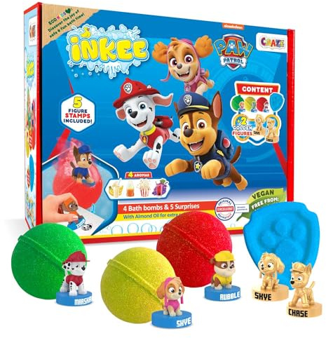 Confezione regalo INKEE PAW PATROL - scatola con 4 bombe da bagno per bambini con olio di mandorle, contiene 5 diverse figure Pawpatrol da collezionare - bombe da bagno per bambini con sorpresa