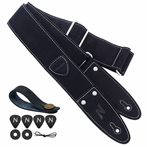 Nefelibata Gitarrengurt, 2 Vollnarbenleder-Gitarrengurte mit Plektrumtasche für Bass-, Elektro- & Akustikgitarre, mit Plektren, Gurtknopf und Gurtschlössern (Star Schwarz)
