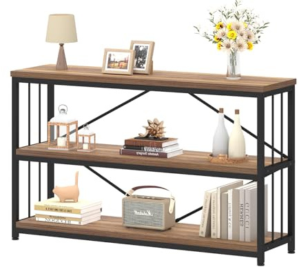 IBF 3 Tier Bookshelf Storage Organizer, Industrial Short Wide Open Horizontal Bookcase, Farmhouse Low Wood Metal Book Shelf for Office, Modern Vintage Etagere in Bedroom Living Room, Rustic Oak, 47 In