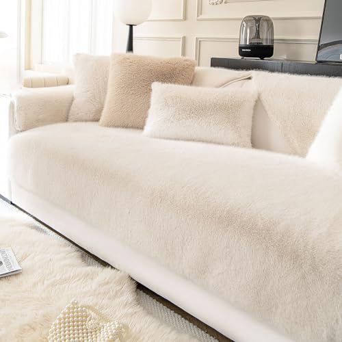 ShowyLive Samt Sofa überzug 1/2/3/4 Sitzer L Form Couch Überzug Ecksofa rutschfest Hund Katze -Antirutsch, Anti Slip Sofabezug Sofa Überwurf (Beige, 90 * 210CM)