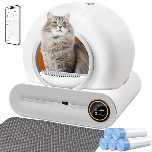 XQDKoon Katzenklo Selbstreinigend, 65L Selbstreinigende Katzentoilette mit 5 Rollen Müllsäcken und Katzenstreumatten, APP Steuerung, Überwachung der Gesundheit für Mehrere Katzen(A)