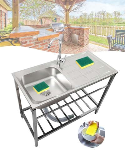 Acciaio Inox Lavello da Cucina Indipendente con Gambe & Rubinetto Lavabo Da Esterno Giardino Lavandino Commerciale Professionale per Ristorante/Garage/Lavanderia Facile Da Montare(75x40xH75cm)