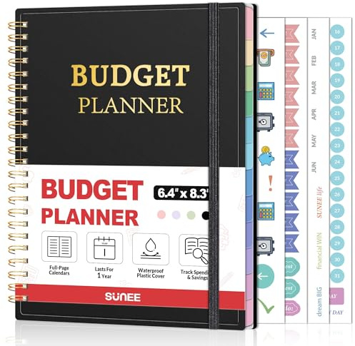 SUNEE Budget Planner - Monthly Budget Book with Expense Tracker Notebook, Undated 12 Month Bill Organizer & Finance Planner to Manage Your Money, A5(6.4 x 8.3) Account Book with Colorful Tab, Black