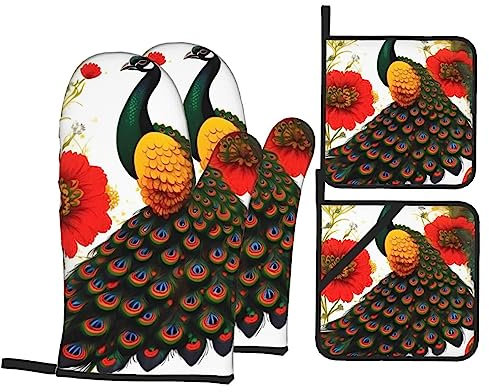 Set di 4 guanti da forno e presine di alta qualità con fiore rosso pavone per la massima sicurezza e praticità in cucina