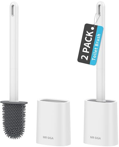 MR.SIGA Toilet Brush and Holder Set, Wall Mounted Toilet Bowl Brush, Compact Toilet Scrub Brush with Holder for Bathroom, White, 2 Pack