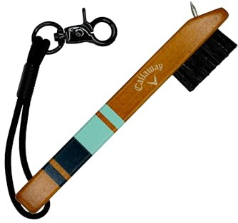 Callaway Spazzola da Golf Heritage Club Azzurro/Navy - Spazzola da Golf in Legno di Ispirazione Vintage con detergente per scanalature, Corda Elastica e Clip in Metallo, setole in Nylon Non dannose,