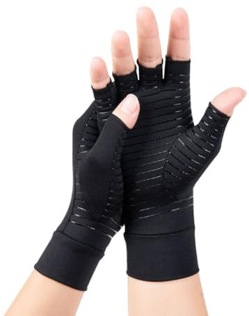 CUEMOON 1 Guanti doppi in rame Guanti a compressione per artrite, per alleviare il dolore della mano reumatoide, guanti a mezzo dito, per alleviare il dolore e riscaldare, nero, S