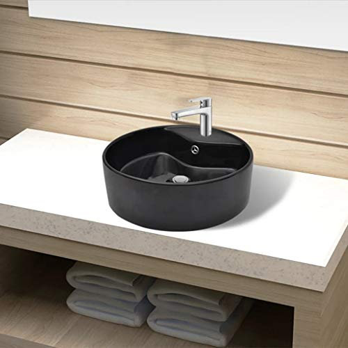 ShGaxin Lavabo de cerámica con Agujero para Grifo/desagüe Negro Redondo, Fregadero, Lavabo Baño, Lavamanos Baño, Lavatorio Casa De Banho, Mueble Lavabo sobre Encimera