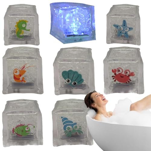 8 piezas de juguetes sensoriales iluminados para niños: cubitos de hielo brillantes LED, juguetes sensoriales de baño con patrón de mar, luces de baño con sensor líquido activado por agua multicolor