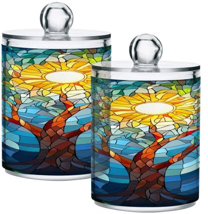 GAIREG 2 Stück runde Baumwollspender Baum mit Sonne Buntglas Muster Apothekergläser Kunststoff