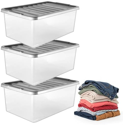 Pluto Packaging 3 Pack 32L Strong Stackable Durable Underbed Storage Boxes