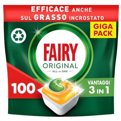 Fairy Original Pastiglie Lavastoviglie, 100 Capsule, Limone, Detersivo Con Azione Pulente Al Primo Lavaggio, Efficace Sul Grasso Incrostato Con Azione Brillante