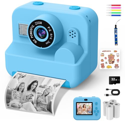 Cámara de Fotos Infantil Instantáneas - 1080P 2.4 Cámara Selfie Instantánea para Niños con Papel de Impresión y Tarjeta 32GB, Juguete Regalo Navidad para Niño y Niña de 3 a 12 Años (Azul)