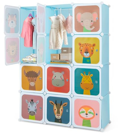 COSTWAY Kleiderschrank Kinder, Regalsystem aus Kunststoff mit 12 Würfeln, Kinderregal erweiterbar mit Türen & 2 Aufhänger, Aufbewahrungsschrank Steckregal für Kinderzimmer, Spielzimmer (Blau)