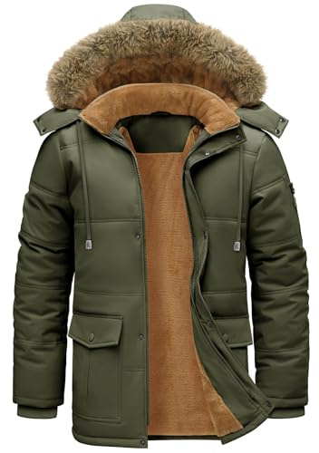 TOMEEK Men's Jackets Winter Warm Parka Fluff Lining Coats for Men with Detachable Hood and Pockets Thermal Padded Thick Fleeced Coat