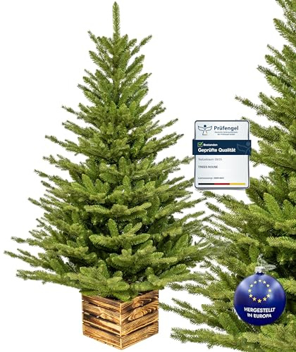 Premium Künstlicher Weihnachtsbaum 100 cm I Künstlicher Tannenbaum mit Holzkisten-Ständer I Zweige Imitieren Echten Baum I Mix aus Spritzguss & PVC I Dichte Nadeln I Made in EU