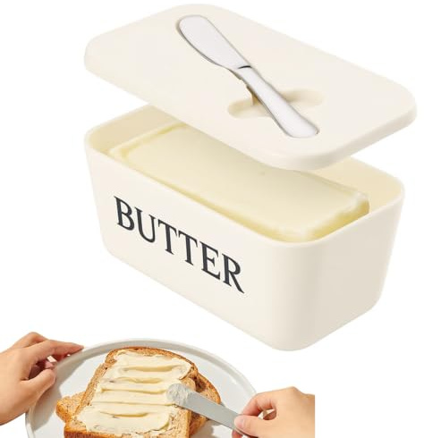 Uqingo Butter Dish with Lid and Butter Spreader Knife, Plastic Butter Holder Tray Container for Countertop and Refrigerator Door Shelf, Easy Scoop Dishwasher Safe - White