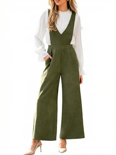 CUPSHE Maxi tuta da donna alla moda elegante scollo a V senza maniche gamba larga un pezzo generale tasche casual autunno lavoro pagliaccetto, Verde oliva, M