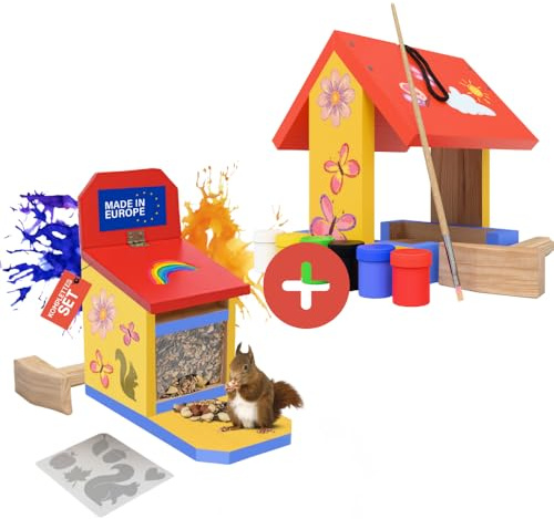 Eli® Eichhörnchen + Vogel Futterhaus Bausatz für Kinder aus Kiefernholz DIY | zum Bemalen – inkl. 6 Farben - Pinsel - Hammer - Schraubendreher - Schablonen & Vorlagen - Geschenk Junge - Mädchen - Holz