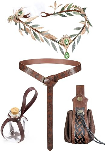 MOSTORY Mittelalter Haarschmuck Gürtel 4 Stück Set für Faschingskostüme Damen, Wikinger Elfen Krone Kork Trankflasche und Ledertaschen für Renaissance Accessoires Cosplay