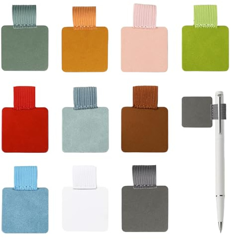 heqxwl Selbstklebende Stiftschlaufe im 10er‑Set – Elastischer PU‑Leder Pen Loop in 10 Farben für Notizbuch, Tagebuch, Tablet & Stift, Maße ca. 4×4×4 cm