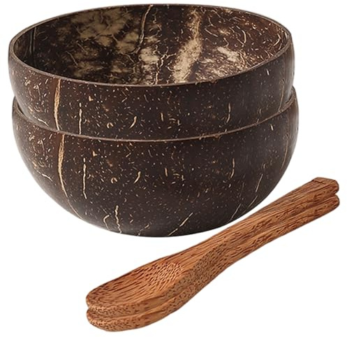 Hbbgdiy 2 Juegos de Cuencos de de 650 ml/22 oz, Grandes cáscaras de Naturales con cucharas, ensaladera Decorativa Ligera y respetuosa con el Medio Ambiente para Cocina, Servir en el hogar, FRU