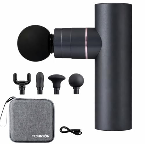 Portable Massage Gun, Deep Tissue Percussion Massager, Handheld Electric Muscle Therapy Device with 4 Interchangeable Heads, USB Rechargeable, Grey