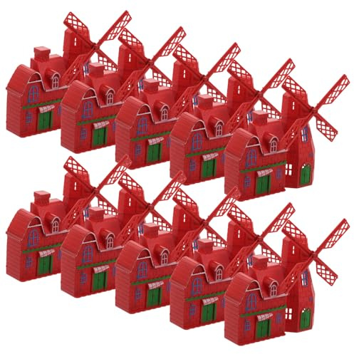 HIAKDOFT Lot de 10 Modèles Miniatures de Moulins à Vent Rouges en Plastique, Décorations de Jardin Féerique, Accessoires pour Micro-paysages, Ornements de Table de Ferme et Décor D’étagère