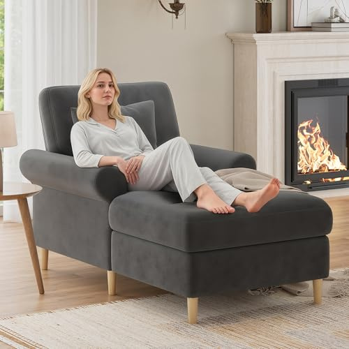 Poltrona relax imbottita, sedia a sdraio pieghevole, poltrona lounge, comoda da lettura, XXL, grande poltrona da lettura rivestita in velluto, per soggiorno e camera da letto, 133 x 87 x 90 cm (grigio