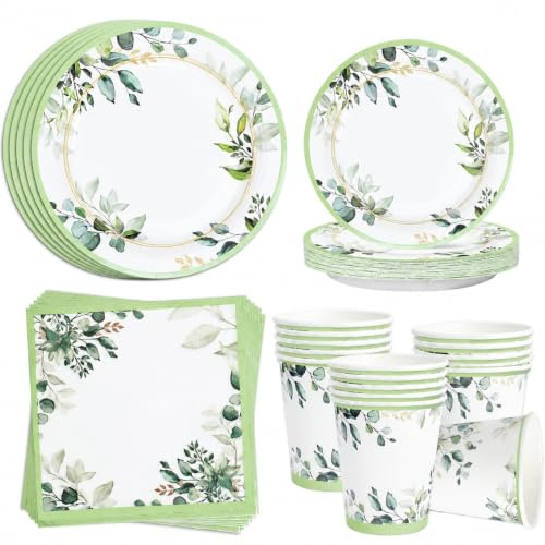 Vaisselle Jetable Anniversaire Vert, 96 Pièces Assiette Jetable Vert Sauge, Assiettes Carton Tasses Serviettes pour Decoration Bapteme Garcon Fille Baby Shower Mariage Anniversaire (24 Invités)