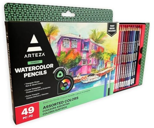 Arteza Watercolor Colored Pencils For Adult Coloring, Set of 49 Presharpened, Triangular-Shaped Drawing Pencils for Teens and Adults, Art Supplies for Sketching and Painting
