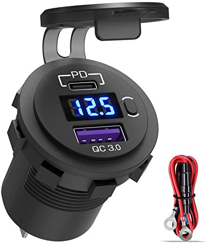 Qidoe 48W Presa USB C Caricabatteria per Auto, 12V/24V PD & QC 3.0 Presa per Auto con Voltmetro a LED e Interruttore Caricabatteria Rapido per Auto, Barca, Camion, Golf Cart, Caravan, Moto