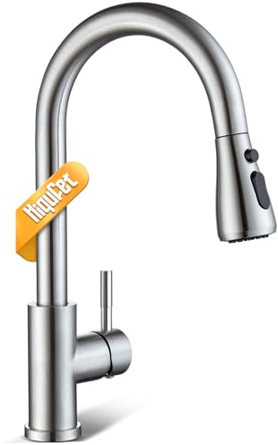 Hiqufet Kitchen Faucet with Pull Down Sprayer, Single Handle High Arc Kitchen Sink Faucet, Lead-Free Stainless Steel Modern Rv Bar Sink Faucets (Brushed Nickel)
