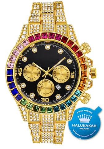 Halukakah Gold Uhr Diamanten Mehrfarbig, Herren 18K Echtes Gold Plattiert 40MM Breite Schwarz Zifferblatt Quarz Armband 21cm,Kostenlose Geschenkbox