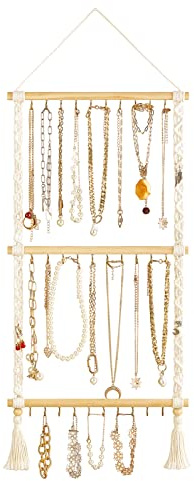 Dahey Hanging Jewelry Organizer Macrame Necklace Holder with 30 Hooks Wall Mounted Jewelry Hanger Over Door Necklace Rack with Tassel for Necklace Bracelet Earring Headband Bow Organizer