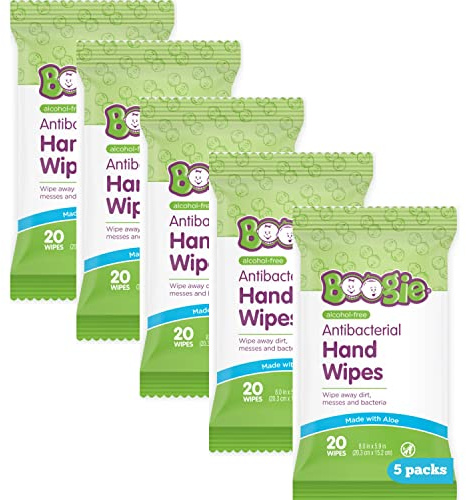 Boogie Antibacterial Hand Wipes by Boogie, Alcohol Free, Hypoallergenic and Moisturizing Aloe, for Kids and Adults -100 Total Wipes (5 Packs of 20)