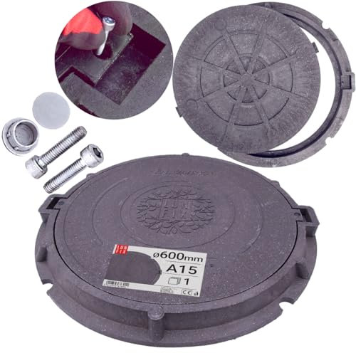 Chiusino pozzetto DN600 A15 grafite con telaio, copertura pozzetto giardino in polimero-sabbia e plastica, coperchio rotondo 600 mm resistente 1,5 t per drenaggio acqua, tappo canale, Lun Fix
