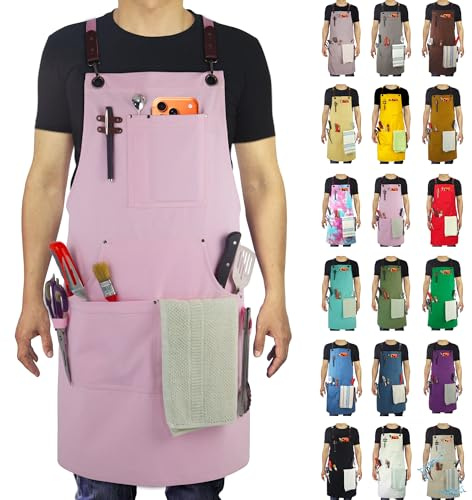 Stenffy Küchenschürze,Arbeitsschürze,Leinwand,mehrere Taschen,Gartenarbeit,Malerei,Grillen,Tischler,Größen M bis XXL,Pink