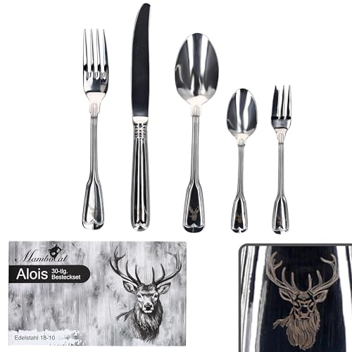MamboCat Alois - Set completo di posate da 30 pezzi, per 6 persone, filo Augsburger con design a cervo, in acciaio inox 18/10 lucidato e lama in acciaio inox, forchetta, coltello e cucchiaio