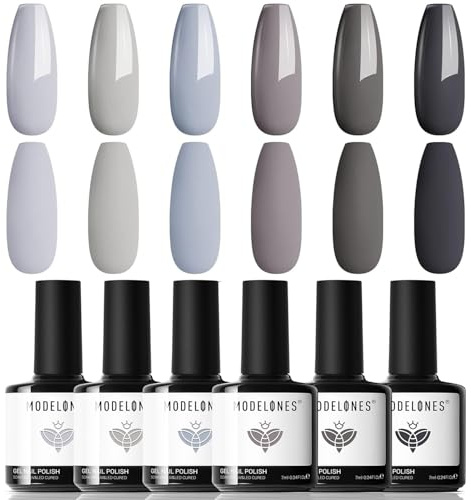 Modelones UV Nagellack 6 Farben Gel Nagellack UV Nageldesign Sets Soak Off Gel Polish für Maniküre Nageldesign, Grau Serie mit Schwarz