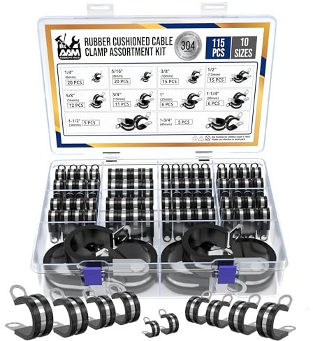 AAM Essentials 115 pcs cable clamps-304 Stainless Steel-Rubber Cushion Wire clamps-10 sizes 1/4 5/16 3/8 1/2 5/8 3/4 1 1-1/4 1-1/2 1-3/4-Assortment kit for pipe & wire mounting (Extra 5pcs)