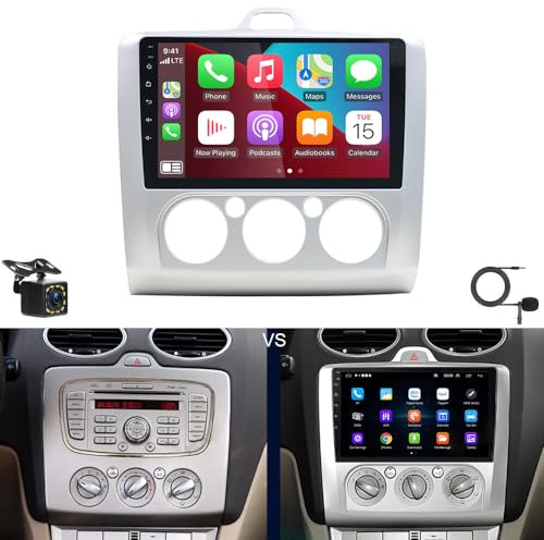 Autoradio 2 Din für Ford Focus MK2 MK II 2004 2005 2006-2011 mit Carplay Android Auto 9 Zoll Touchscreen Bluetooth FM/RDS EQ Mirror Link SWC GPS Navi WiFi BT Rückfahrkamera Mic, 2G+32G