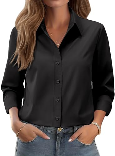siliteelon Button Down Shirts for Women: Wrinkle Free Long Sleeve Regular Fit Collared Dress Shirt Solid Formal Office Business Blouse Black L
