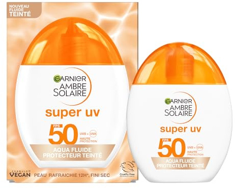Garnier Ambre Solaire Visage Aqua Fluide SPF50 Teinté Hyaluron 40ml | Texture ultra-légère, Acide Hyaluronique, Unifie teint sans traces, Testé peaux sensibles, Peaux sensibles
