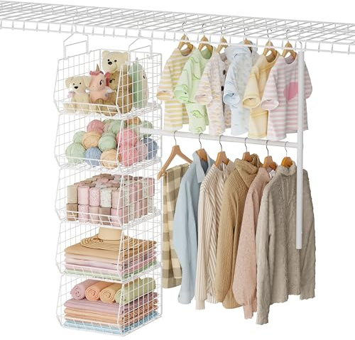 5 Tier Extended Depth Kids Hanging Closet Organizer with Adjustable Width and Height Hanging Rod, Storage Shelves for Sweaters Towels Handbags, Stackable Metal Bins for Closet, Laundry, Dorm, White