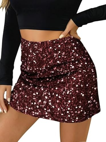SOFIA'S CHOICE Women Sequin Mini Skirts High Waisted Sparkly Skirt Night Out Party Red X-Large