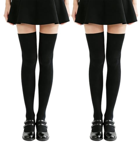 GYIOFAI 2 Paia Calze Alta Donna, Calzini Lunghi Cotone Sopra il Ginocchio, Tinta Unita Alta Caviglia, Invernali Lunghi Calzettoni Calze Termiche Tempo Libero, Gambaletti Termici, Retro Casual (Nero)
