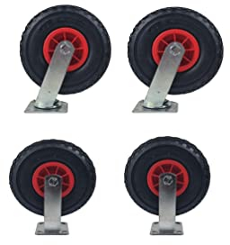 4 Sackkarrenräder, 2 x mit kugelgelagerter Lenkrolle, 2 x mit Bockrolle, Gummirad 3.00 – 4, Kunststofffelge mit Rollenlager, Tragkraft 110kg, ø=260mm, für Achs-ø=20mm, HKB, Artikel-Nr. 20187